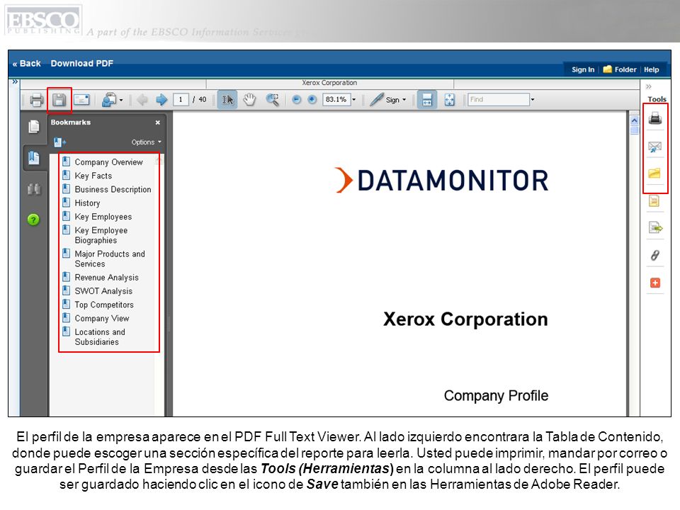 El perfil de la empresa aparece en el PDF Full Text Viewer.