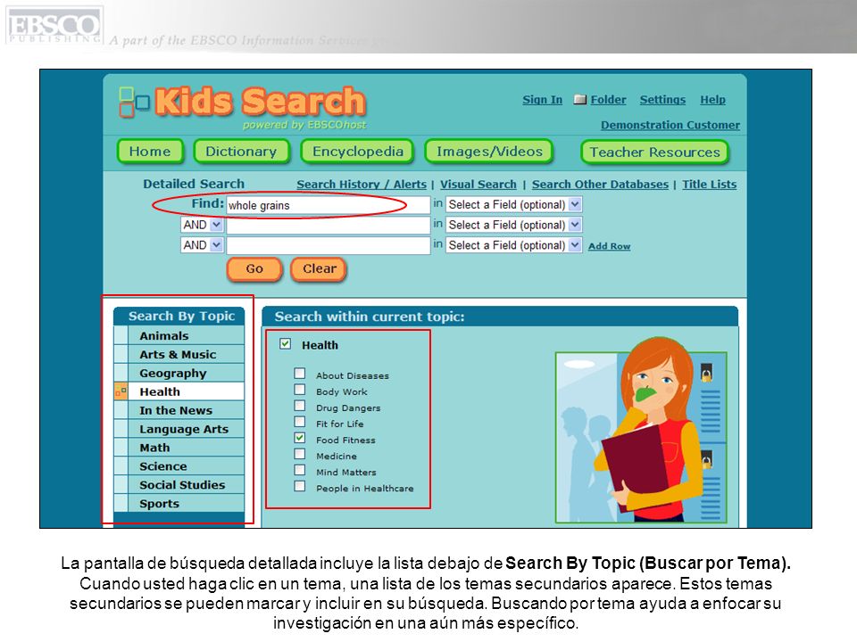 La pantalla de búsqueda detallada incluye la lista debajo de Search By Topic (Buscar por Tema).