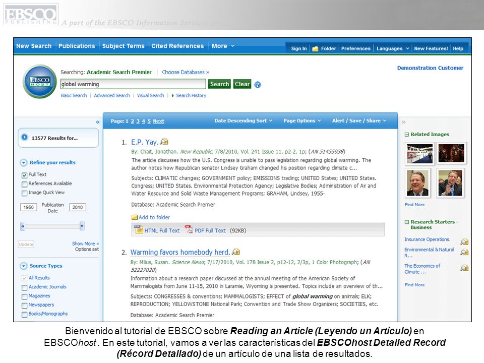 Bienvenido al tutorial de EBSCO sobre Reading an Article (Leyendo un Artículo) en EBSCOhost.