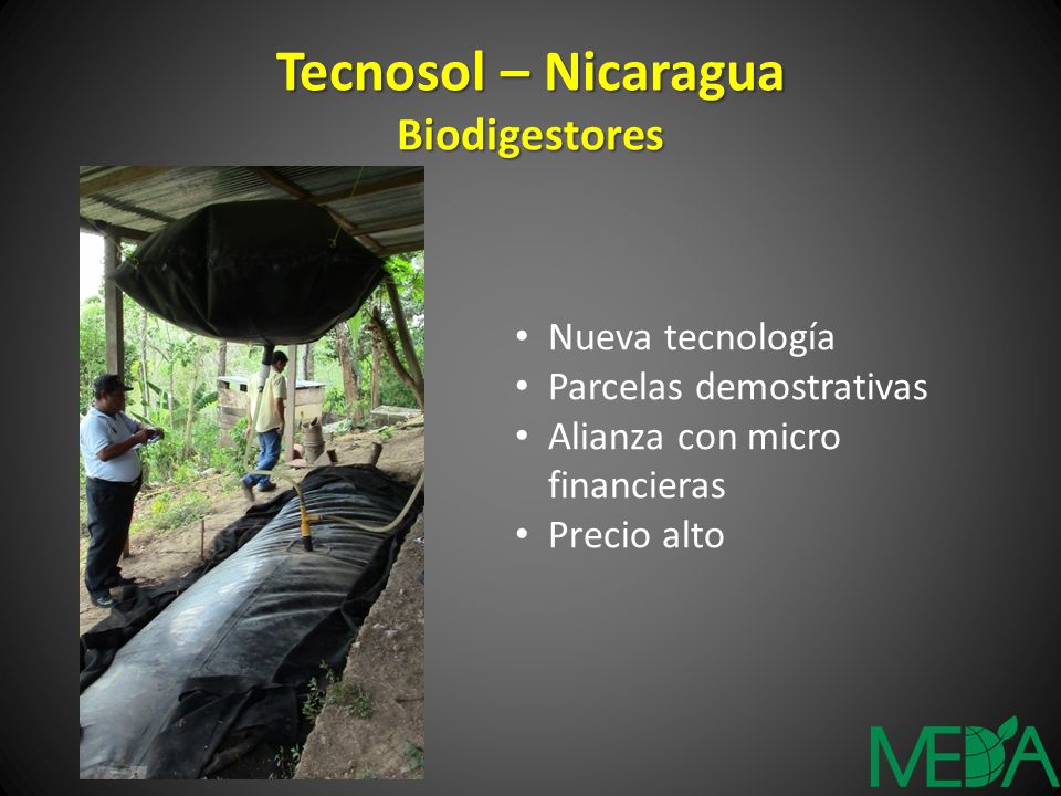 Tecnosol – Nicaragua Biodigestores Nueva tecnología Parcelas demostrativas Alianza con micro financieras Precio alto