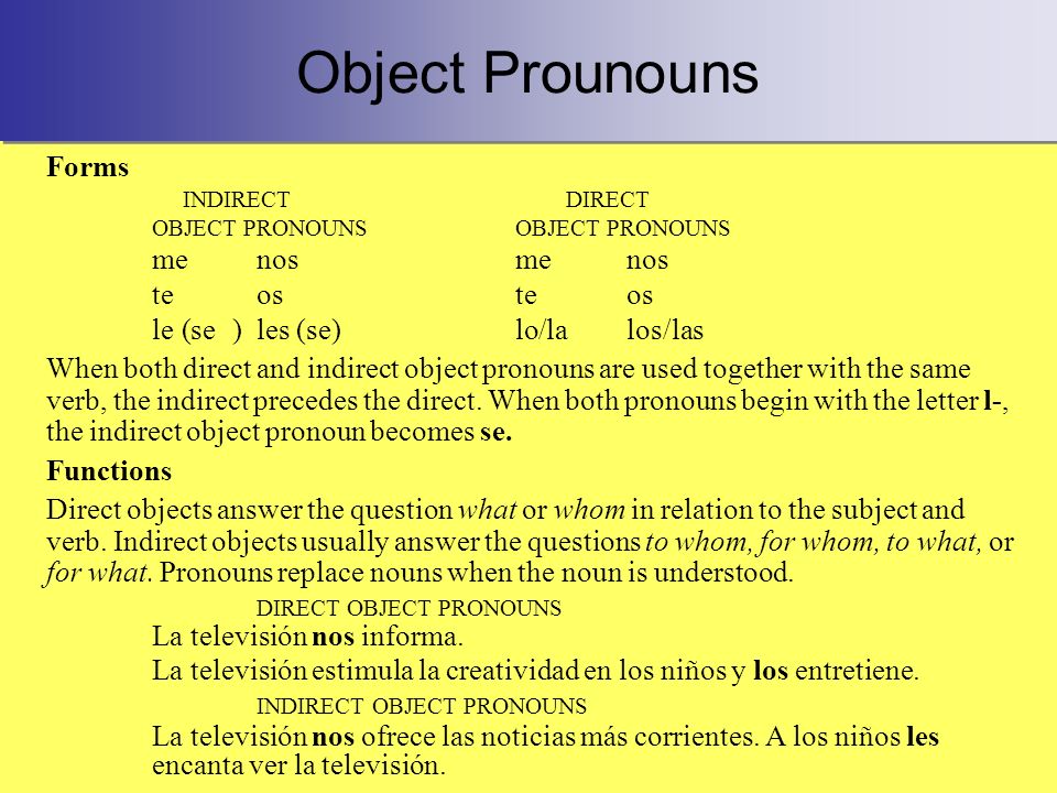 Object Prounouns Forms INDIRECTDIRECTOBJECT PRONOUNS menosmenos teosteos le (se)les (se)lo/lalos/las When both direct and indirect object pronouns are used together with the same verb, the indirect precedes the direct.