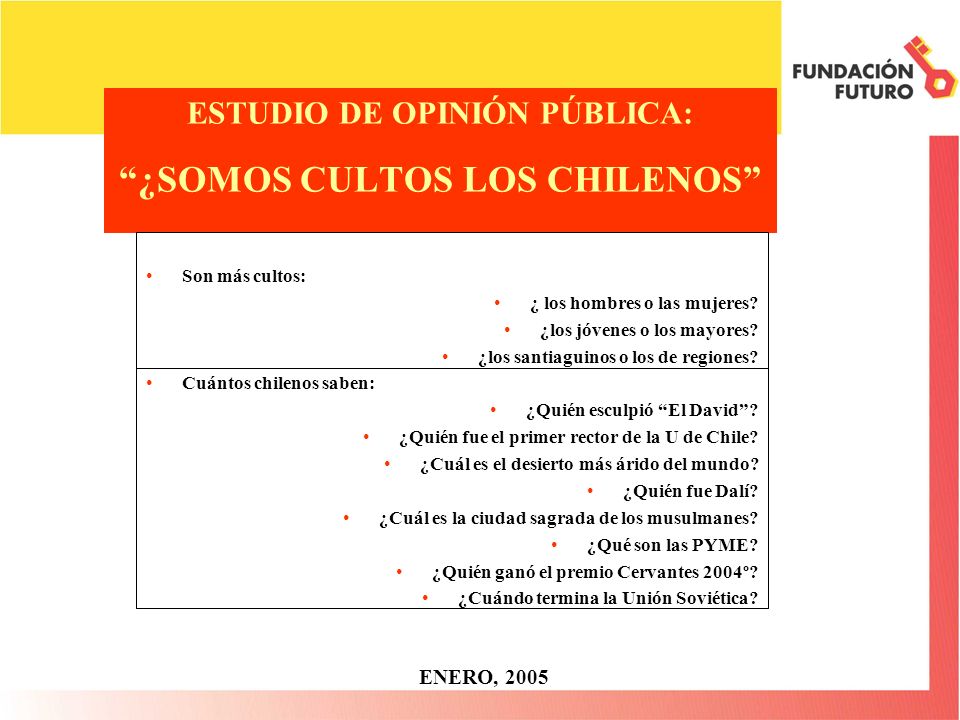 ESTUDIO DE OPINIÓN PÚBLICA: ¿SOMOS CULTOS LOS CHILENOS ENERO, 2005 Son más cultos: ¿ los hombres o las mujeres.