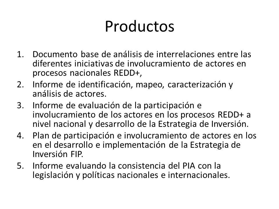 Productos 1.Documento base de análisis de interrelaciones entre las diferentes iniciativas de involucramiento de actores en procesos nacionales REDD+, 2.Informe de identificación, mapeo, caracterización y análisis de actores.