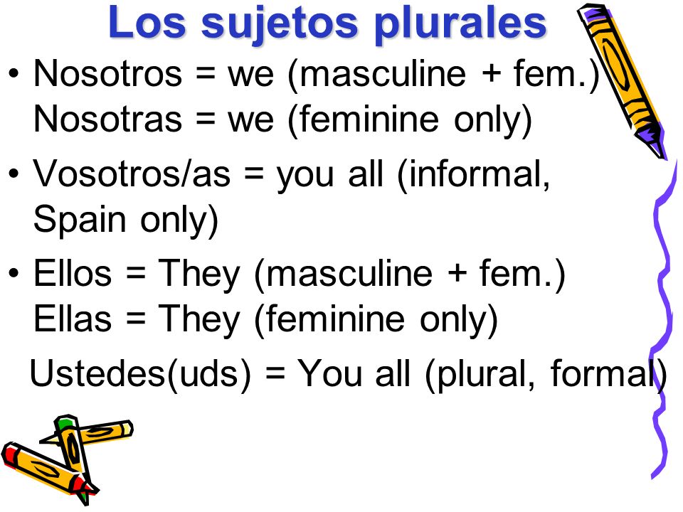 Los sujetos plurales Nosotros = we (masculine + fem.) Nosotras = we (feminine only) Vosotros/as = you all (informal, Spain only) Ellos = They (masculine + fem.) Ellas = They (feminine only) Ustedes(uds) = You all (plural, formal)