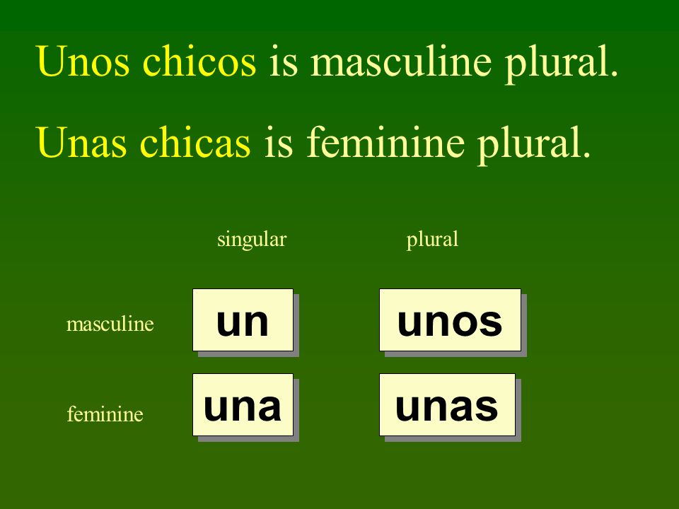 singularplural masculine feminine un una unos unas Unos chicos is masculine plural.