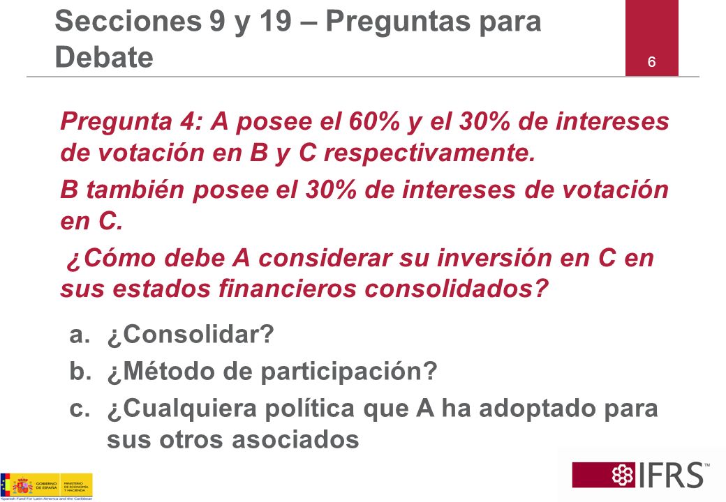 6 Secciones 9 y 19 – Preguntas para Debate Pregunta 4: A posee el 60% y el 30% de intereses de votación en B y C respectivamente.