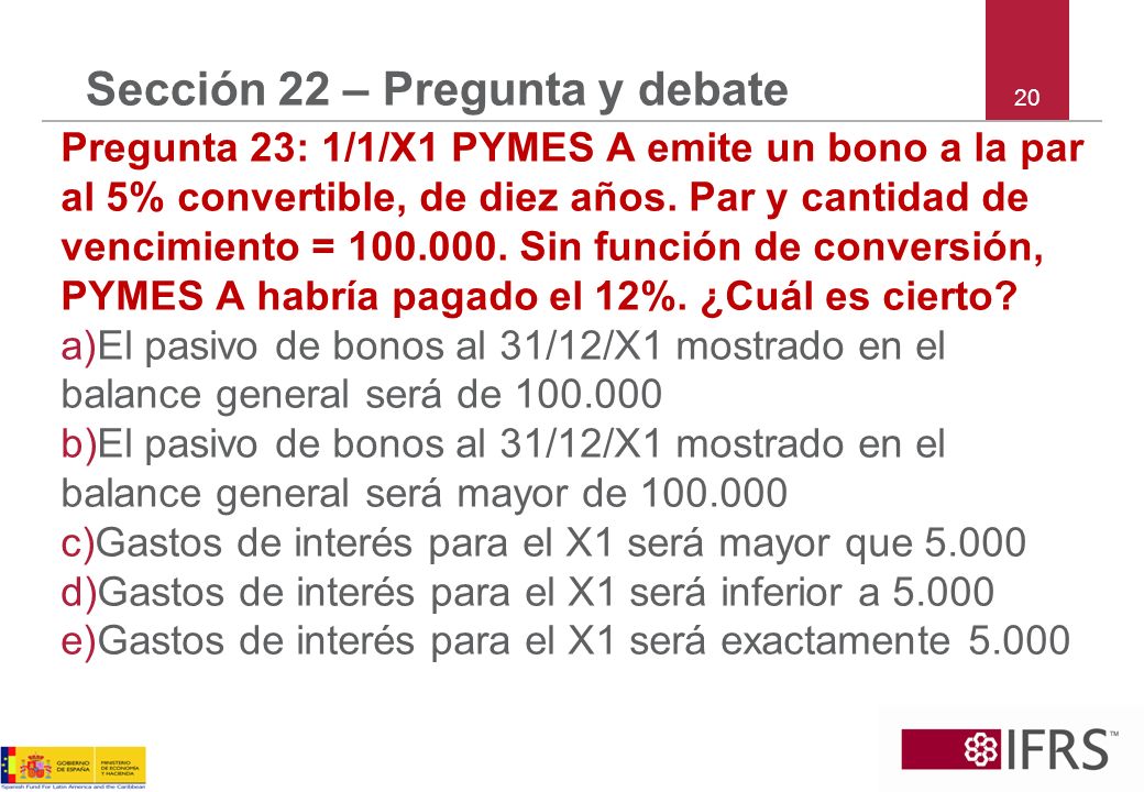 20 Sección 22 – Pregunta y debate Pregunta 23: 1/1/X1 PYMES A emite un bono a la par al 5% convertible, de diez años.