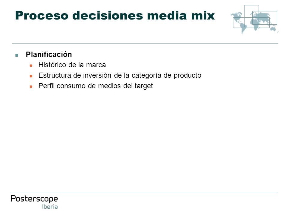 Proceso decisiones media mix Planificación Histórico de la marca Estructura de inversión de la categoría de producto Perfil consumo de medios del target
