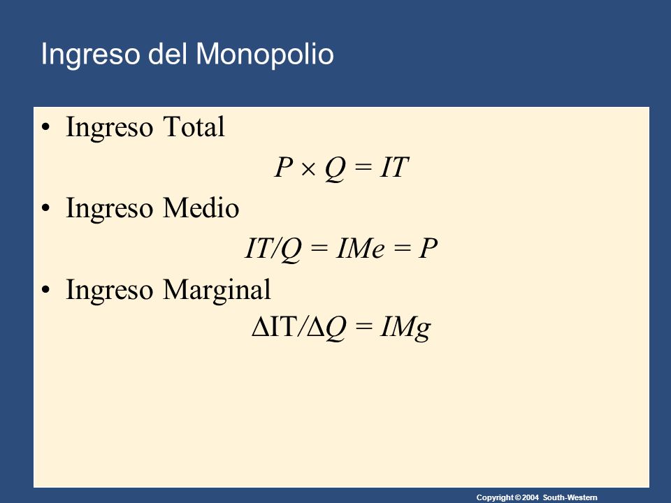 Copyright © 2004 South-Western Ingreso del Monopolio Ingreso Total P Q = IT Ingreso Medio IT/Q = IMe = P Ingreso Marginal / Q = IMg