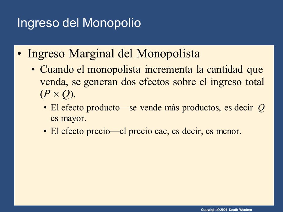 Copyright © 2004 South-Western Ingreso Marginal del Monopolista Cuando el monopolista incrementa la cantidad que venda, se generan dos efectos sobre el ingreso total (P Q).