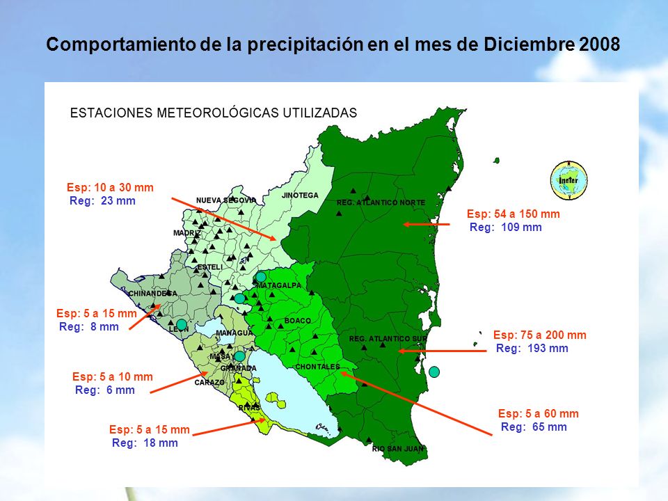 Comportamiento de la precipitación en el mes de Diciembre 2008 Esp: 10 a 30 mm Reg: 23 mm Esp: 5 a 15 mm Reg: 8 mm Esp: 5 a 10 mm Reg: 6 mm Esp: 5 a 15 mm Reg: 18 mm Esp: 54 a 150 mm Reg: 109 mm Esp: 75 a 200 mm Reg: 193 mm Esp: 5 a 60 mm Reg: 65 mm