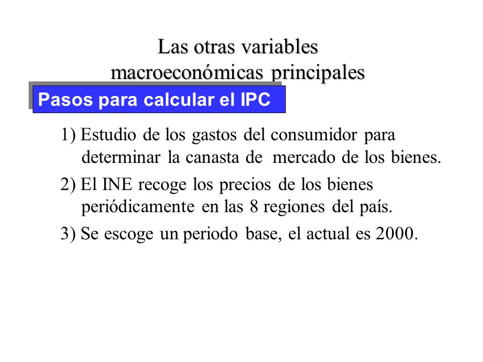 Las otras variables macroeconómicas principales Publicado mensualmente Implica varios pasos El índice de precios de consumo (IPC)