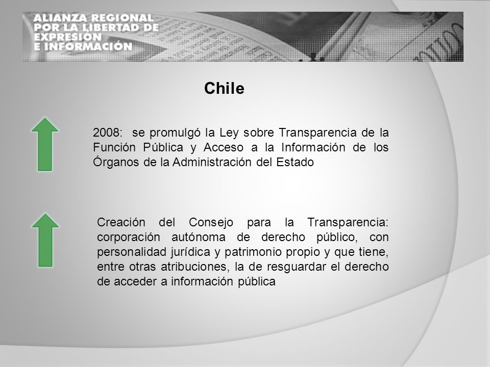 Chile 2008: se promulgó la Ley sobre Transparencia de la Función Pública y Acceso a la Información de los Órganos de la Administración del Estado Creación del Consejo para la Transparencia: corporación autónoma de derecho público, con personalidad jurídica y patrimonio propio y que tiene, entre otras atribuciones, la de resguardar el derecho de acceder a información pública