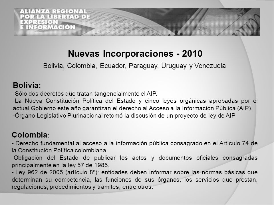 Nuevas Incorporaciones Bolivia, Colombia, Ecuador, Paraguay, Uruguay y Venezuela Bolivia: -Sólo dos decretos que tratan tangencialmente el AIP.