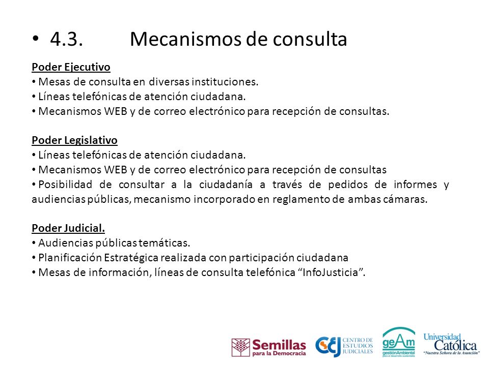 4.3. Mecanismos de consulta Poder Ejecutivo Mesas de consulta en diversas instituciones.
