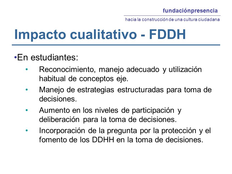 Impacto cualitativo - FDDH En estudiantes: Reconocimiento, manejo adecuado y utilización habitual de conceptos eje.
