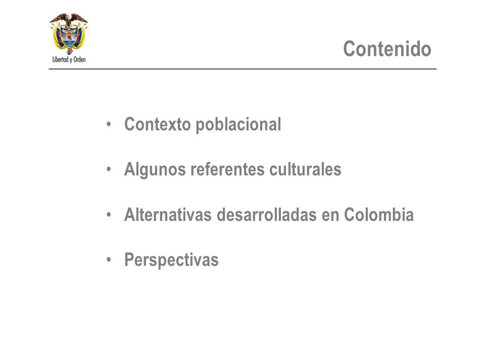 Contexto poblacional Algunos referentes culturales Alternativas desarrolladas en Colombia Perspectivas Contenido