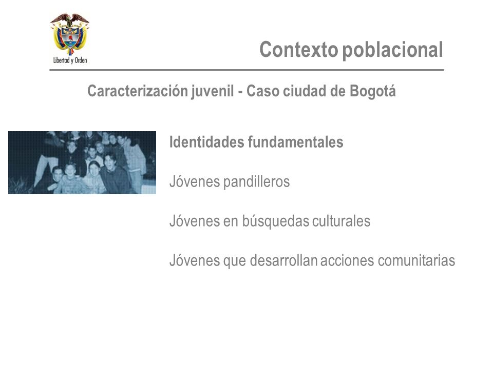 Identidades fundamentales Jóvenes pandilleros Jóvenes en búsquedas culturales Jóvenes que desarrollan acciones comunitarias Contexto poblacional Caracterización juvenil - Caso ciudad de Bogotá