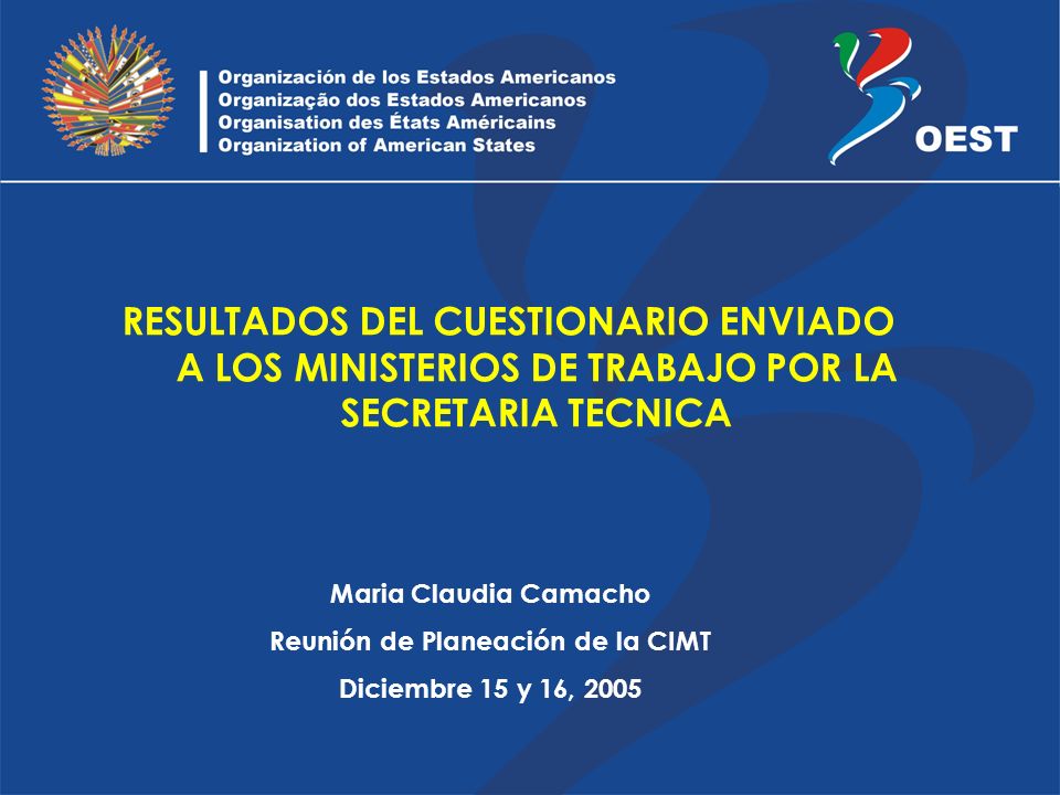 RESULTADOS DEL CUESTIONARIO ENVIADO A LOS MINISTERIOS DE TRABAJO POR LA SECRETARIA TECNICA Maria Claudia Camacho Reunión de Planeación de la CIMT Diciembre 15 y 16, 2005