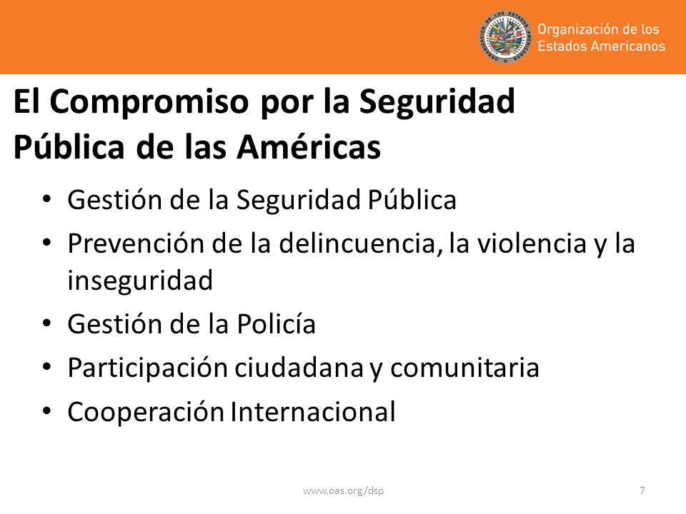 El Compromiso por la Seguridad Pública de las Américas Gestión de la Seguridad Pública Prevención de la delincuencia, la violencia y la inseguridad Gestión de la Policía Participación ciudadana y comunitaria Cooperación Internacional