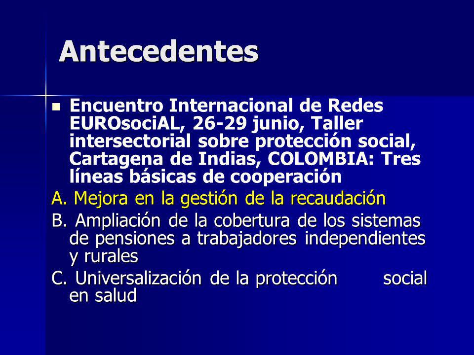 Antecedentes Encuentro Internacional de Redes EUROsociAL, junio, Taller intersectorial sobre protección social, Cartagena de Indias, COLOMBIA: Tres líneas básicas de cooperación A.