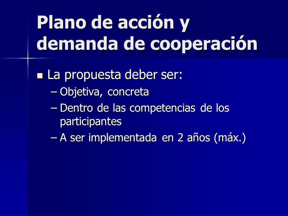 Plano de acción y demanda de cooperación La propuesta deber ser: La propuesta deber ser: –Objetiva, concreta –Dentro de las competencias de los participantes –A ser implementada en 2 años (máx.)