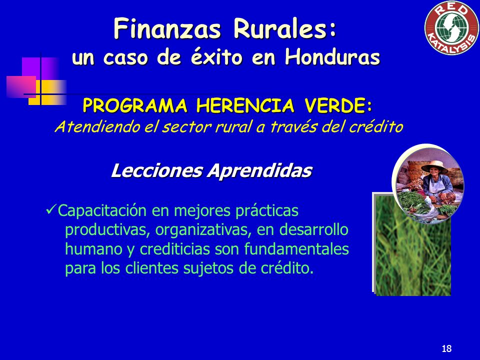 18 Finanzas Rurales: un caso de éxito en Honduras PROGRAMA HERENCIA VERDE: Atendiendo el sector rural a través del crédito Lecciones Aprendidas Capacitación en mejores prácticas productivas, organizativas, en desarrollo humano y crediticias son fundamentales para los clientes sujetos de crédito.