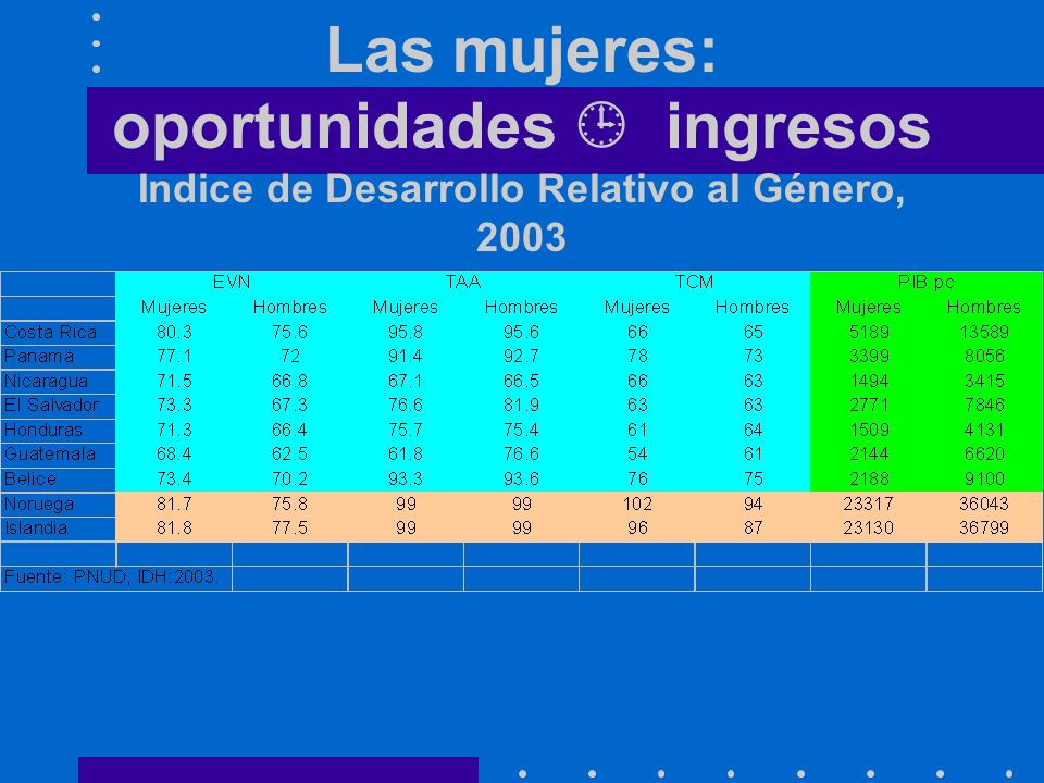 Las mujeres: oportunidades ingresos Indice de Desarrollo Relativo al Género, 2003