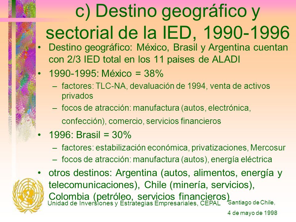 Santiago de Chile, 4 de mayo de 1998 Unidad de Inversiones y Estrategias Empresariales, CEPAL c) Destino geográfico y sectorial de la IED, Destino geográfico: México, Brasil y Argentina cuentan con 2/3 IED total en los 11 paises de ALADI : México = 38% –factores: TLC-NA, devaluación de 1994, venta de activos privados –focos de atracción: manufactura (autos, electrónica, confección), comercio, servicios financieros 1996: Brasil = 30% –factores: estabilización económica, privatizaciones, Mercosur –focos de atracción: manufactura (autos), energía eléctrica otros destinos: Argentina (autos, alimentos, energía y telecomunicaciones), Chile (minería, servicios), Colombia (petróleo, servicios financieros)