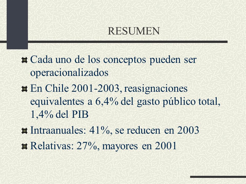 RESUMEN Cada uno de los conceptos pueden ser operacionalizados En Chile , reasignaciones equivalentes a 6,4% del gasto público total, 1,4% del PIB Intraanuales: 41%, se reducen en 2003 Relativas: 27%, mayores en 2001