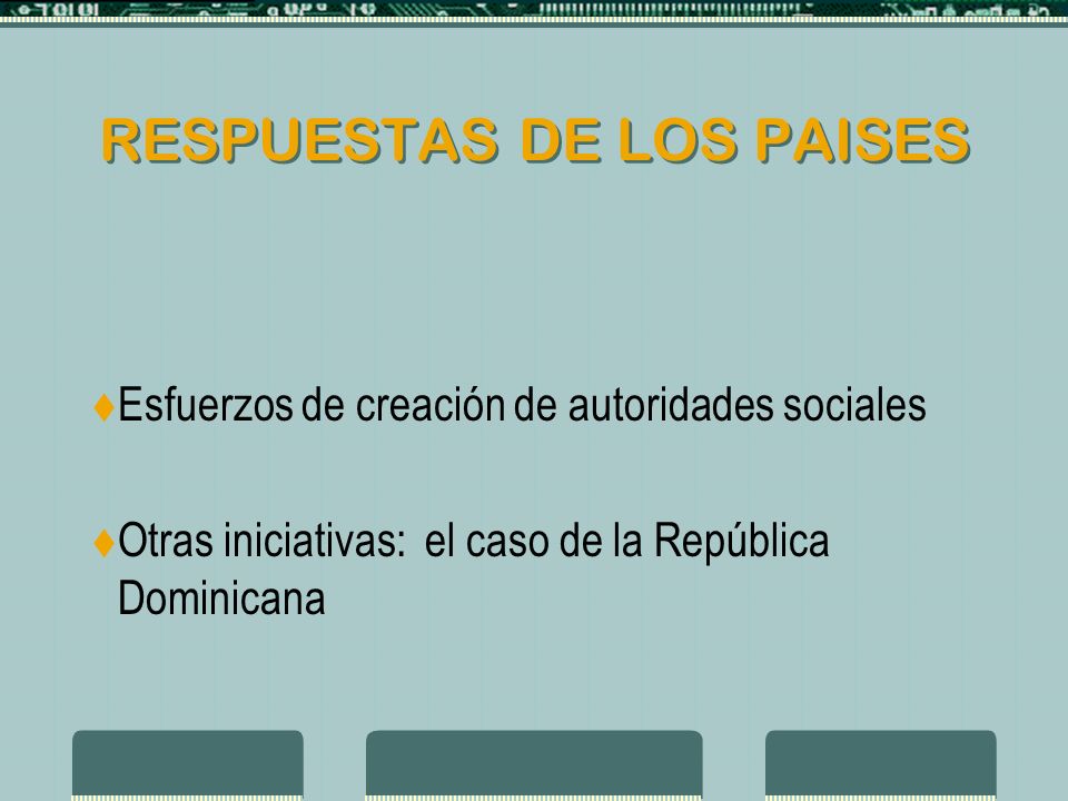 RESPUESTAS DE LOS PAISES Esfuerzos de creación de autoridades sociales Otras iniciativas: el caso de la República Dominicana