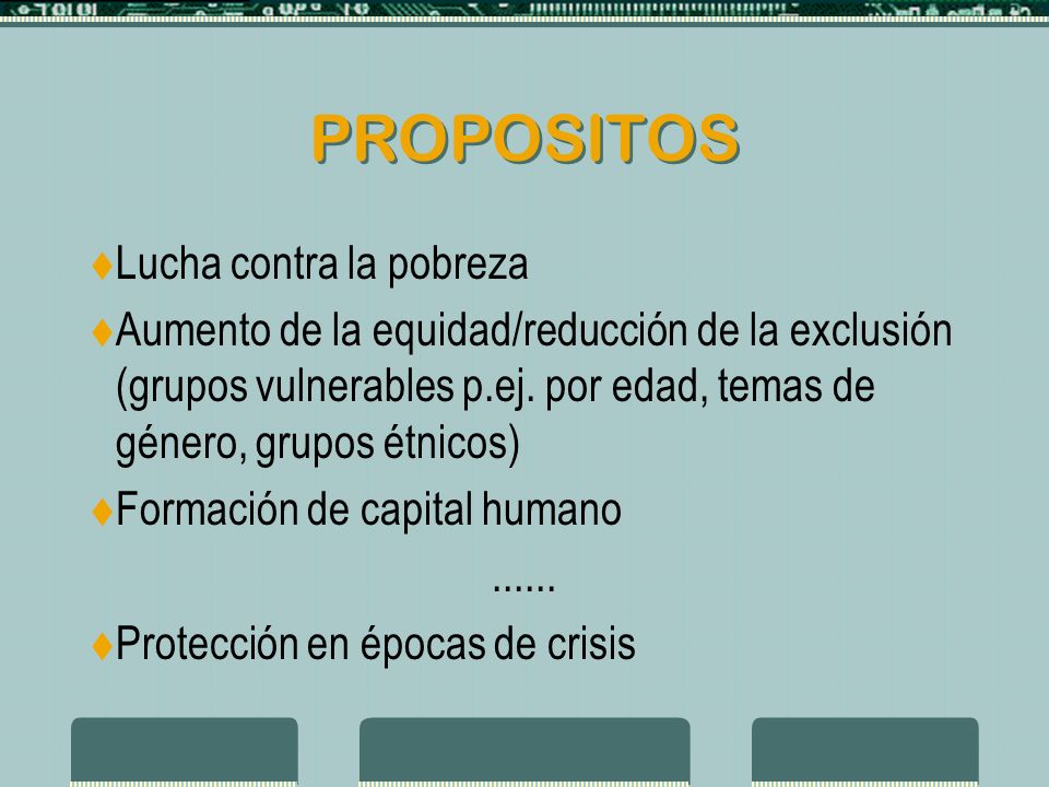 PROPOSITOS Lucha contra la pobreza Aumento de la equidad/reducción de la exclusión (grupos vulnerables p.ej.