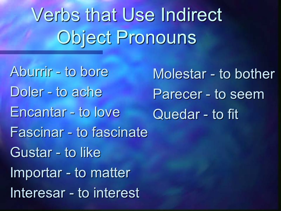 Verbs that Use Indirect Object Pronouns n Here are some verbs that youve already learned that use indirect object pronouns.