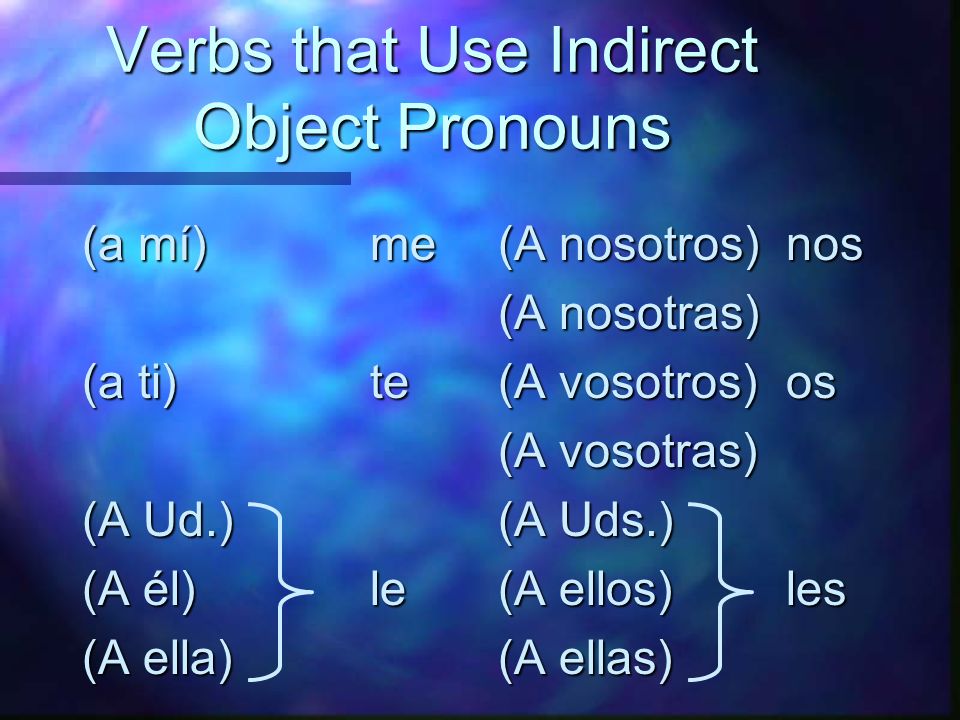 Verbs that Use Indirect Object Pronouns n A + a pronoun is often used with these verbs for emphasis or clarification.