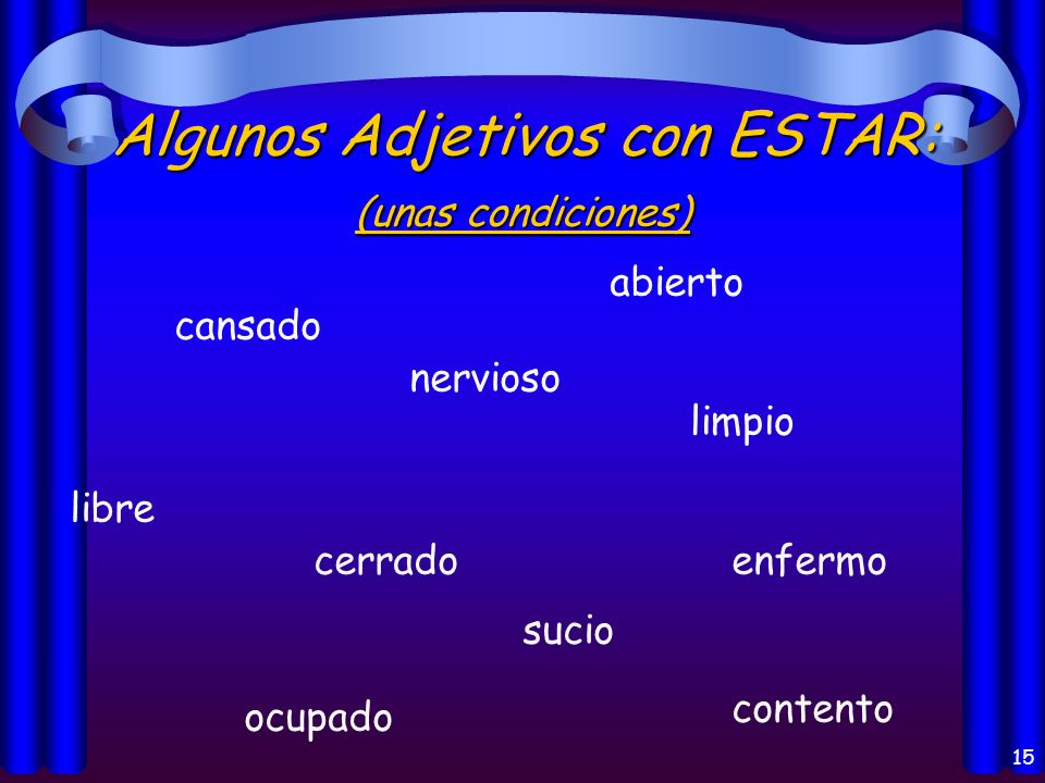 14 Los usos del verbo Estar: Location of a person or thing (la localización) Conditions (las condiciones) Progressive Tenses (los progresivos )