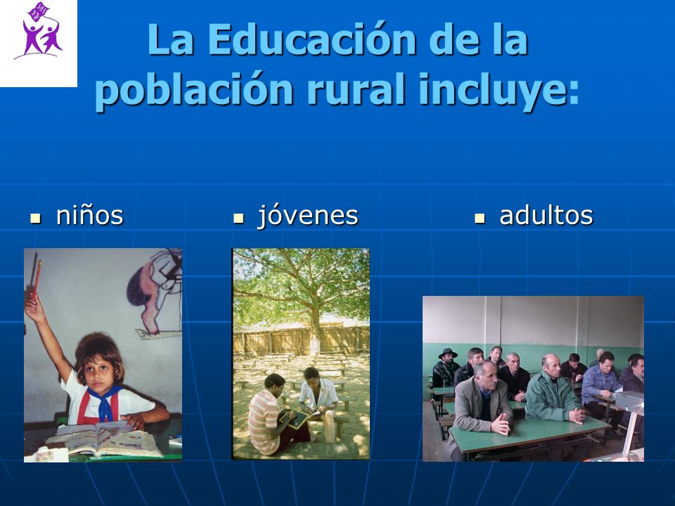 La Educación de la población rural incluye La Educación de la población rural incluye: niños niños adultos adultos jóvenes jóvenes