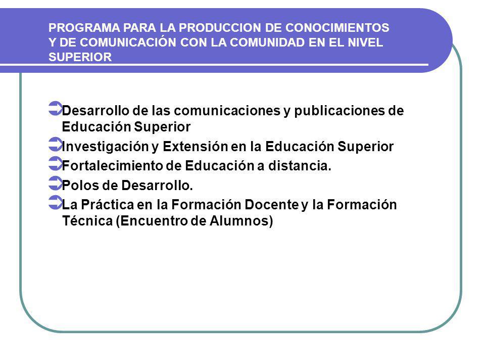 Desarrollo de las comunicaciones y publicaciones de Educación Superior Investigación y Extensión en la Educación Superior Fortalecimiento de Educación a distancia.