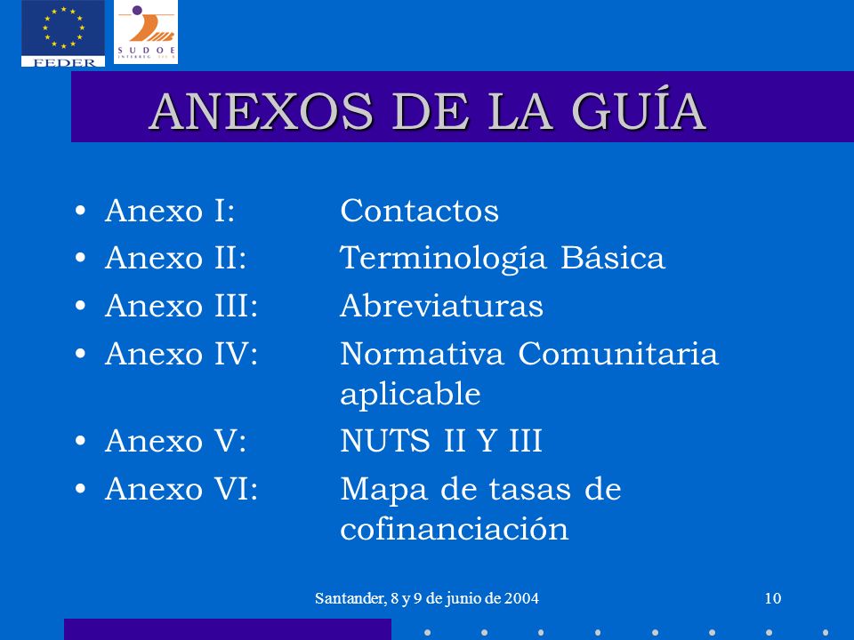 Santander, 8 y 9 de junio de ANEXOS DE LA GUÍA Anexo I: Contactos Anexo II: Terminología Básica Anexo III: Abreviaturas Anexo IV: Normativa Comunitaria aplicable Anexo V: NUTS II Y III Anexo VI: Mapa de tasas de cofinanciación