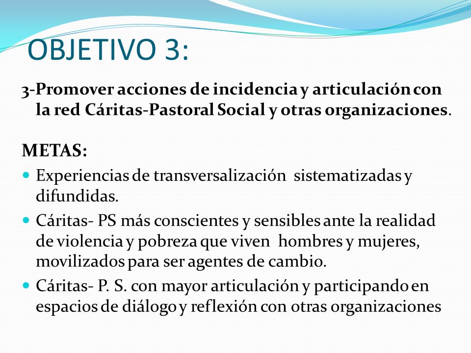 OBJETIVO 3: 3-Promover acciones de incidencia y articulación con la red Cáritas-Pastoral Social y otras organizaciones.