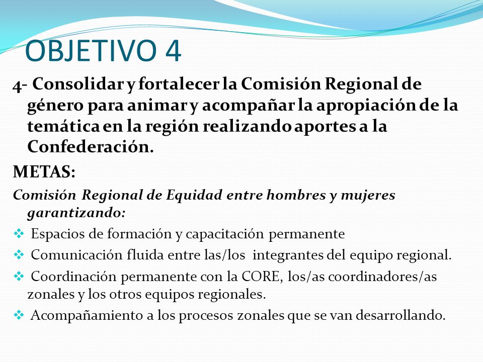 OBJETIVO 4 4- Consolidar y fortalecer la Comisión Regional de género para animar y acompañar la apropiación de la temática en la región realizando aportes a la Confederación.