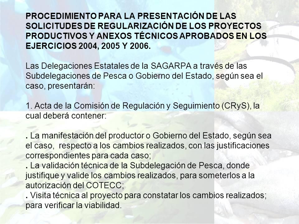 PROCEDIMIENTO PARA LA PRESENTACIÓN DE LAS SOLICITUDES DE REGULARIZACIÓN DE LOS PROYECTOS PRODUCTIVOS Y ANEXOS TÉCNICOS APROBADOS EN LOS EJERCICIOS 2004, 2005 Y 2006.