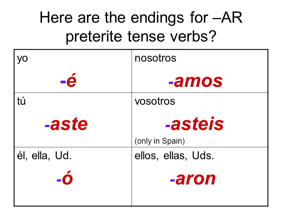 Here are the endings for –AR preterite tense verbs.