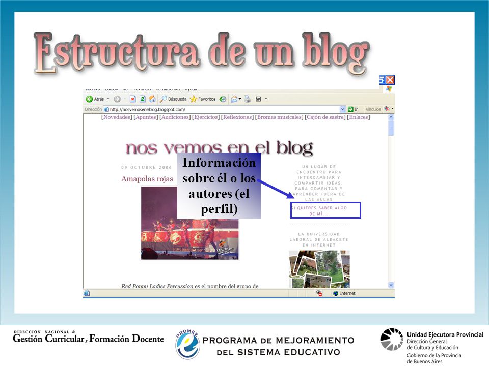 Estructura de un blog Información sobre él o los autores (el perfil)