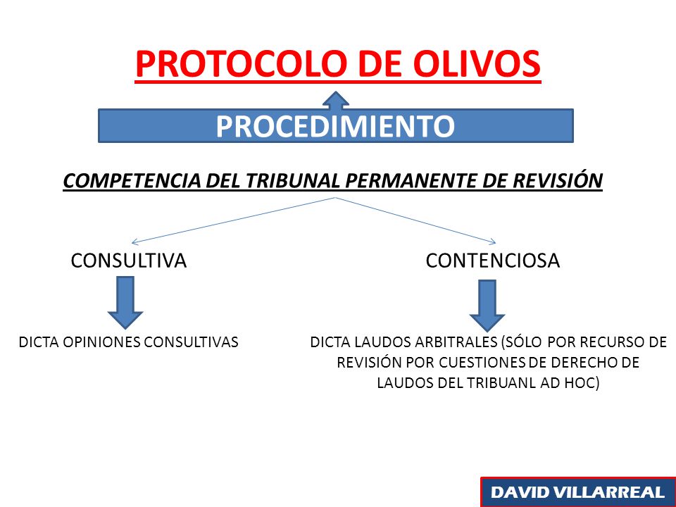 PROTOCOLO DE OLIVOS PROCEDIMIENTO COMPETENCIA DEL TRIBUNAL PERMANENTE DE REVISIÓN CONTENCIOSACONSULTIVA DICTA OPINIONES CONSULTIVASDICTA LAUDOS ARBITRALES (SÓLO POR RECURSO DE REVISIÓN POR CUESTIONES DE DERECHO DE LAUDOS DEL TRIBUANL AD HOC) DAVID VILLARREAL