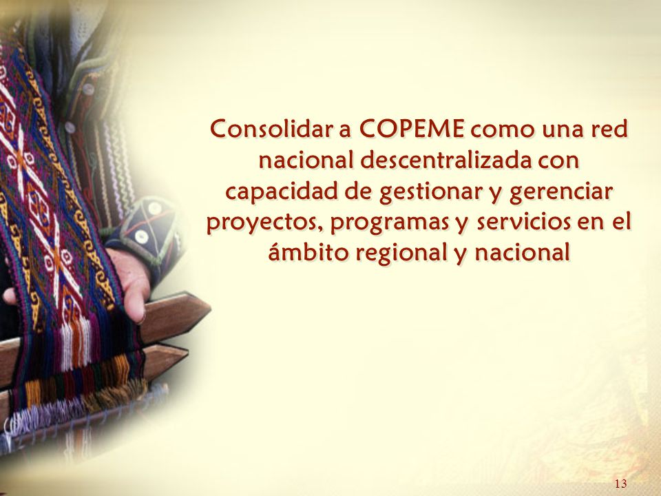 13 Consolidar a COPEME como una red nacional descentralizada con capacidad de gestionar y gerenciar proyectos, programas y servicios en el ámbito regional y nacional