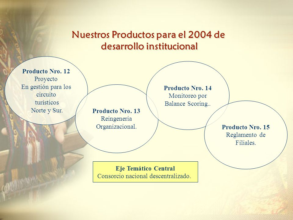 Nuestros Productos para el 2004 de desarrollo institucional Producto Nro.