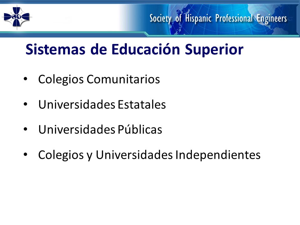 Sistemas de Educación Superior Colegios Comunitarios Universidades Estatales Universidades Públicas Colegios y Universidades Independientes