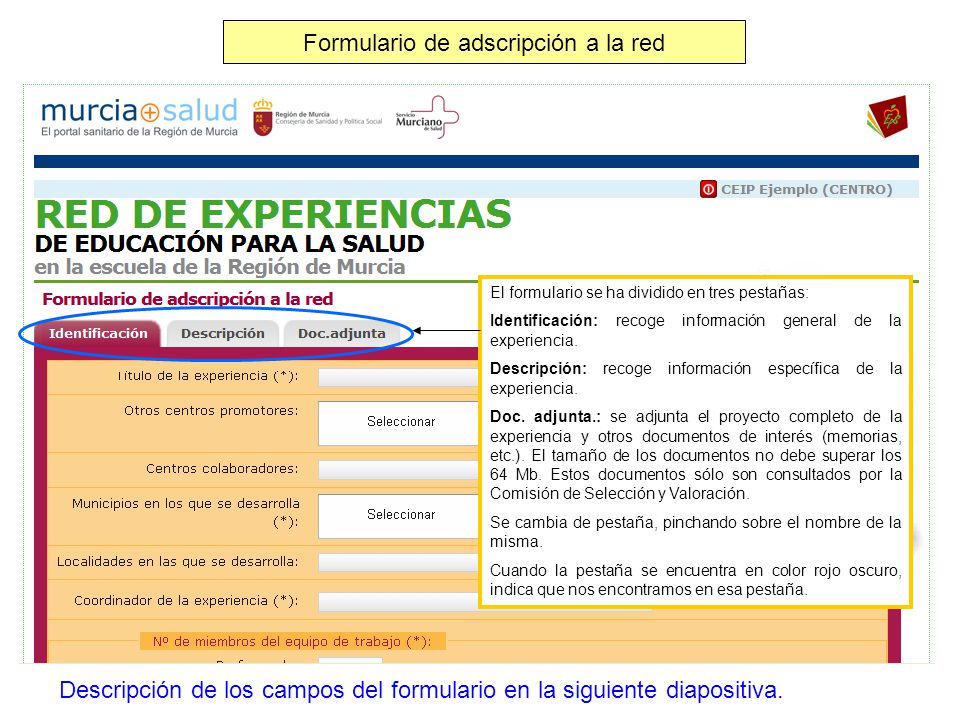 Formulario de adscripción a la red El formulario se ha dividido en tres pestañas: Identificación: recoge información general de la experiencia.