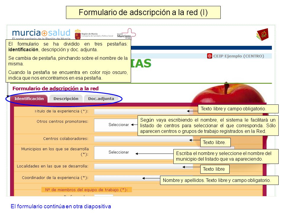 Formulario de adscripción a la red (I) Texto libre y campo obligatorio.