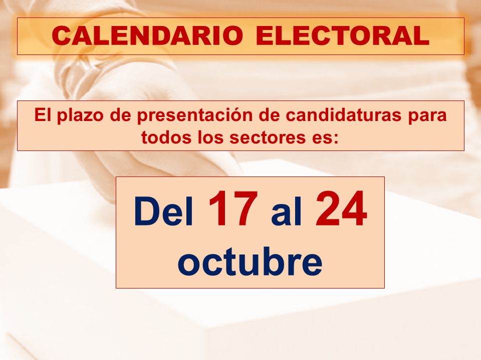 CALENDARIO ELECTORAL El plazo de presentación de candidaturas para todos los sectores es: Del 17 al 24 octubre